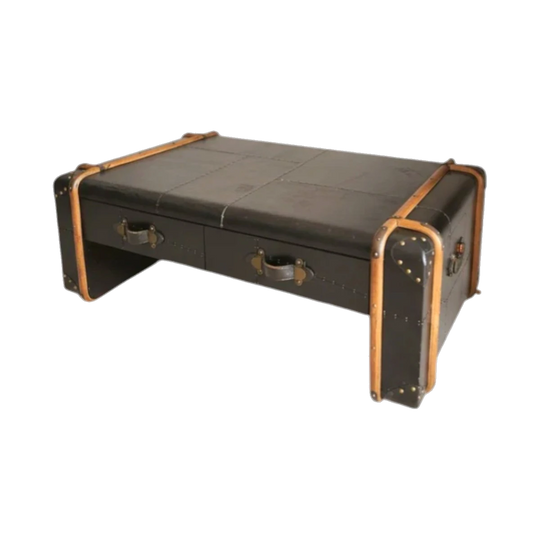 Echo Grove ‘Polstar’ Aviation Trunk Coffee Table – Riveted Metal, Bentwood Frame, Drawers & Internal Storage