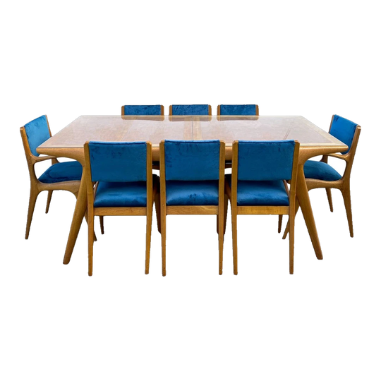 9‑Piece Mid‑Century Dining Suite After Carlo De Carli — Queensland Maple & Coachwood, Extension Table, Warwick Royal Blue Velvet