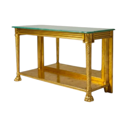 Hand-Carved Giltwood Console Table with Guatemala Green Marble Top, Mirrored Back and Lower Stretcher Shelf, England