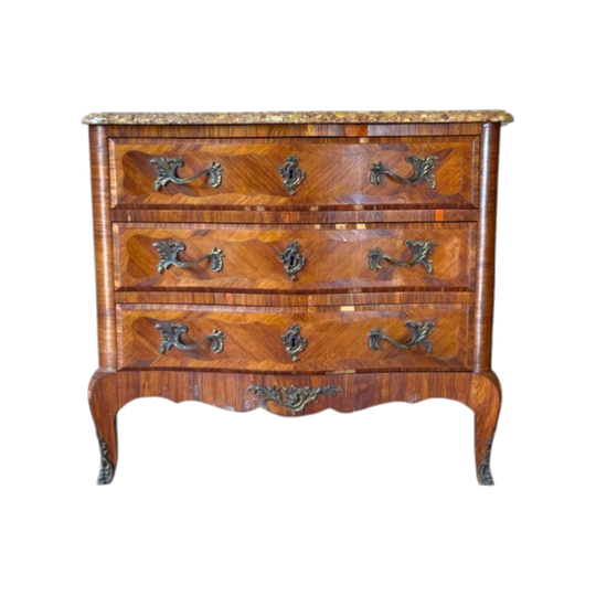 Vintage French Bombe Commode with Parquetry and Brecciated Marble Top