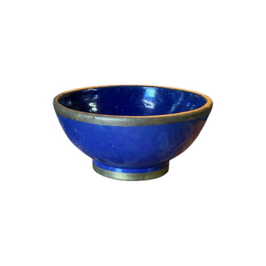 Vintage Moroccan Cobalt Blue Bowl, Handmade with Brass Rim and Foot