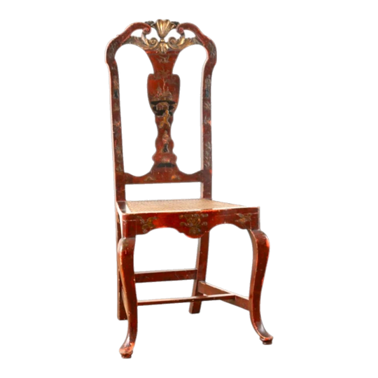 Set of Eight Queen Anne Style Red-Lacquered and Gilt Chinoiserie Side Chairs, Spanish, Early 20th Century