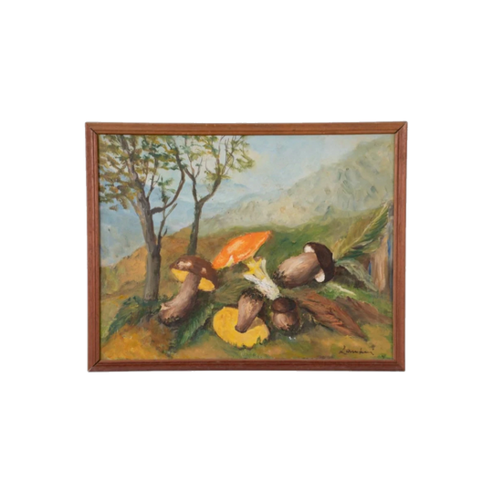 Laurenti — Still Life with Wild Mushrooms in a Mountain Landscape, Signed Oil on Canvas, Mid-20th Century