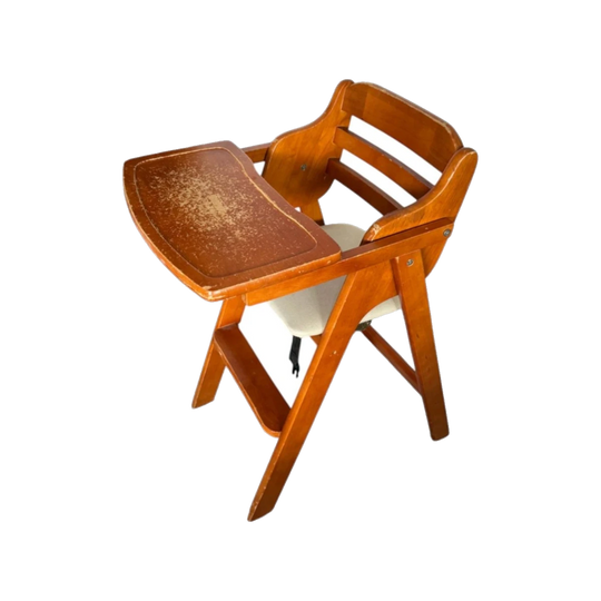 Vintage Timber Children’s High Chair with Fold-Out Tray and Vinyl Seat, Folding
