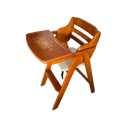 Vintage Timber Children’s High Chair with Fold-Out Tray and Vinyl Seat, Folding