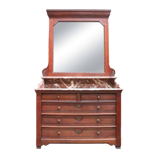 Antique French Oak Dressing Table Chest of Drawers with Marble Top and Bevelled Mirror, c. 1860