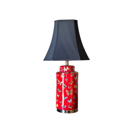 Red Chinoiserie Butterfly Ceramic Table Lamp with Black Tapered Shade