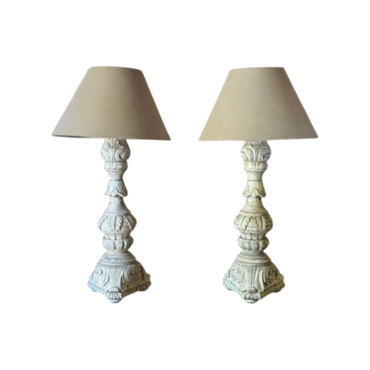 Pair of Vintage Carved Timber Lamps with Linen Shades, Washed Finish, Foliate Carving