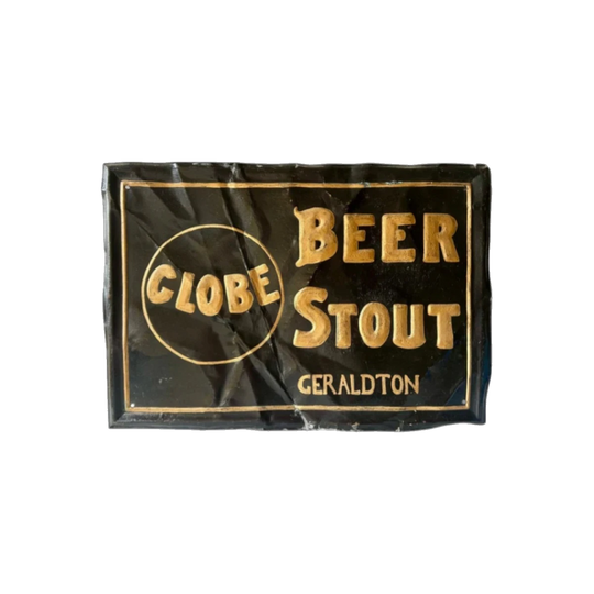Antique Globe Brewing Company Pressed Tin Shop Sign, "Globe Beer Stout, Geraldton", Australia, 1915–1949