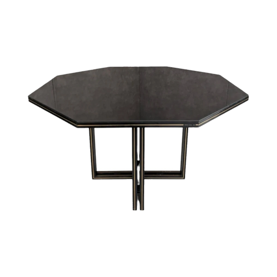 Pierre Vandel Paris Octagonal Dining Table in Smoked Glass and Black Aluminium with Gold Line Detailing, c. 1980