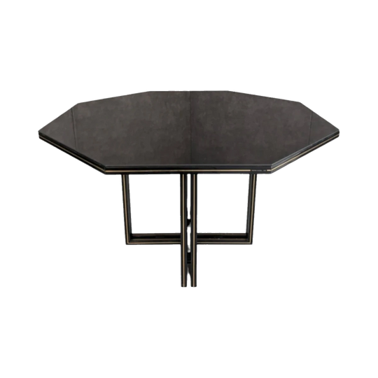 Pierre Vandel Paris Octagonal Dining Table in Smoked Glass and Black Aluminium with Gold Line Detailing, c. 1980
