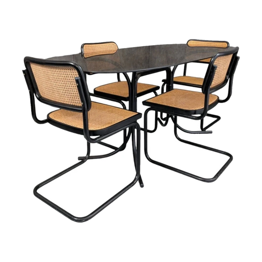 Italian Black Tubular Steel and Smoked Glass Dining Table with Cesca Chairs, c. 1970s–1980s