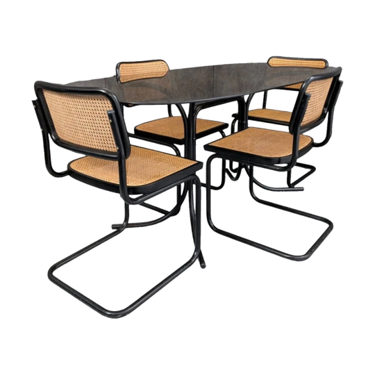 Italian Black Tubular Steel and Smoked Glass Dining Table with Cesca Chairs, c. 1970s–1980s