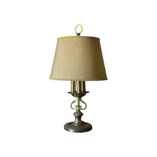 Vintage Bouillotte-Style Brass Table Lamp with Textured Silk Shade, Three Internal Globes, Later 20th Century