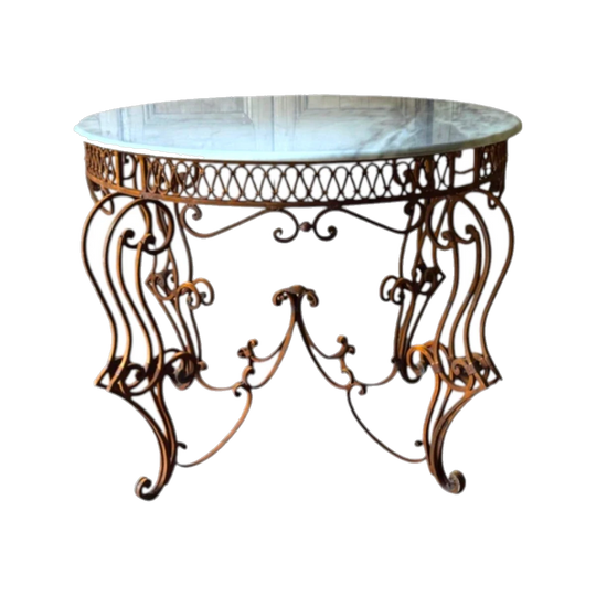 Vintage French-Style Wrought Iron Foyer/Centre Table with Round Marble Top