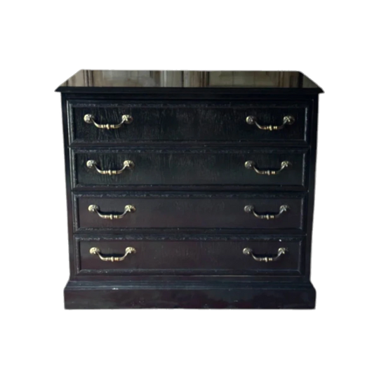 Vintage Georgian Revival Four-Drawer Chest in Black Lacquer with Brass Swan Neck Handles