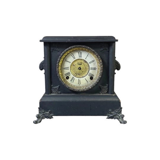 Vintage French-Style Mantel Clock, Black Case with Cast Metal Detailing – Decorative Only