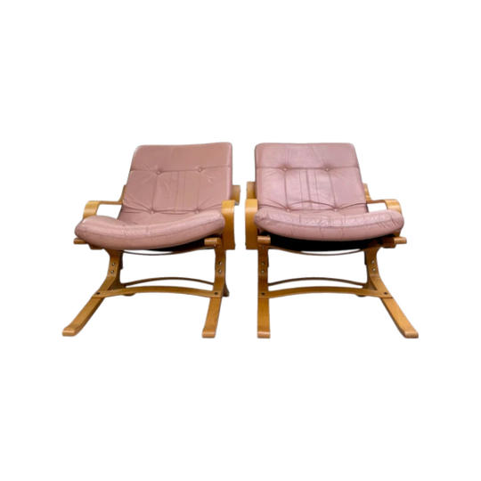 Scandinavian Mid-Century Siesta-Style Armchair, Moulded Plywood Frame, Blush Pink Leather