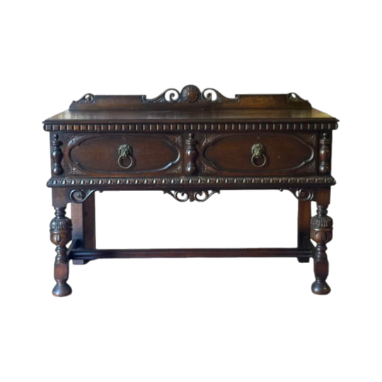 Vintage Tudor Revival Console Table with Two Drawers and Lion’s Head Pulls