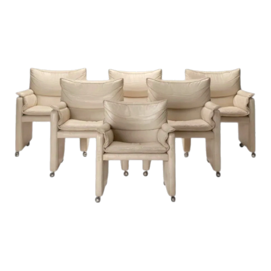 Set of 6 Vintage Italian Leather Dining Chairs, Sculptural Postmodern, Cream, Ball Feet