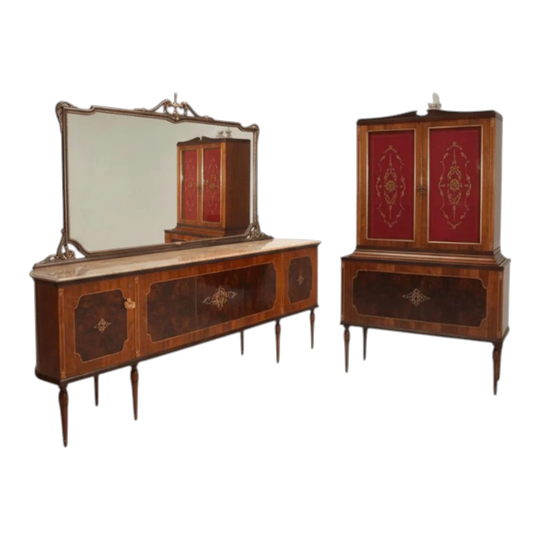 1960s Italian Milanese Sideboard with Original Mirror & Glass-Front Cabinet Suite – Marble Top, Stamped Mobili Luciano Galimberti