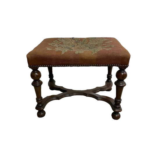 Vintage French Louis XIV Style Stool with Tapestry Upholstered Seat, Turned Legs and X Stretcher