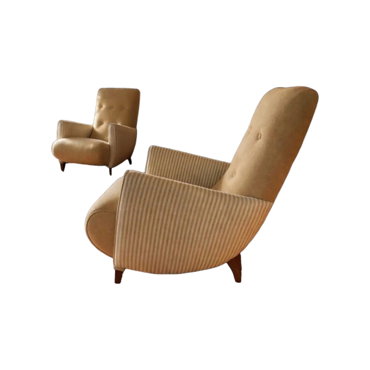 Pair of Mid-Century Italian ‘Sleepy Hollow’ Lounge Chairs, c.1950s — Reupholstered Oatmeal Weave with Ticking-Stripe Backs