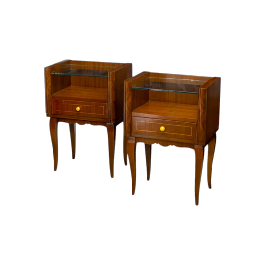 Pair of French Art Deco Rosewood Nightstands with Bakelite Knobs and Glass Shelves, c. 1930s