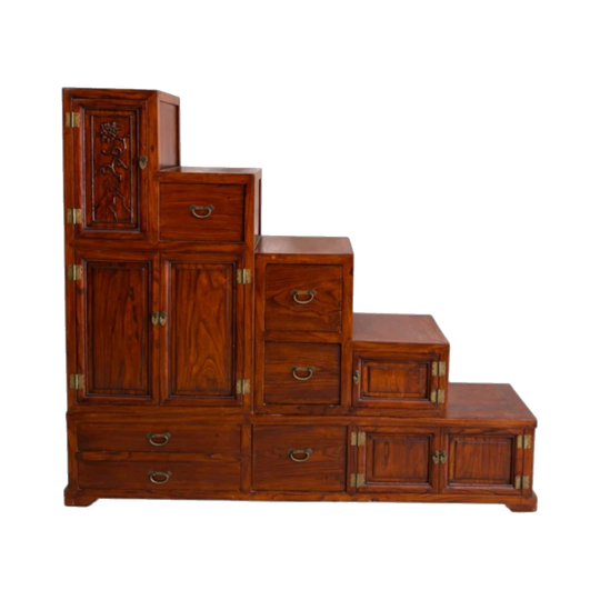 Antique Solid Rosewood Cabinet / Sideboard with Drawers, Cupboards and Carved Panel – Stepped Asymmetrical Design, Brass Hardware