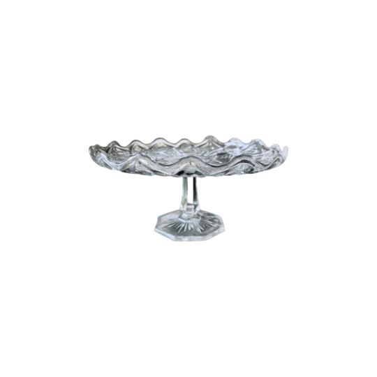 Vintage Glass Cake Stand with Frilled Rim, Eight-Edged Foot and Starburst Base, 9.5 cm H