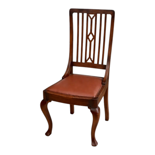Vintage Solid Timber Dining Chairs, Set of 8 – Leather Seats, Slat-Back, Carved Legs, Honey-Brown