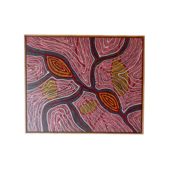 Robby Wirramanda — Lake Direl Original Traditional Line Painting, Stretched and Float-Framed in Native Timber