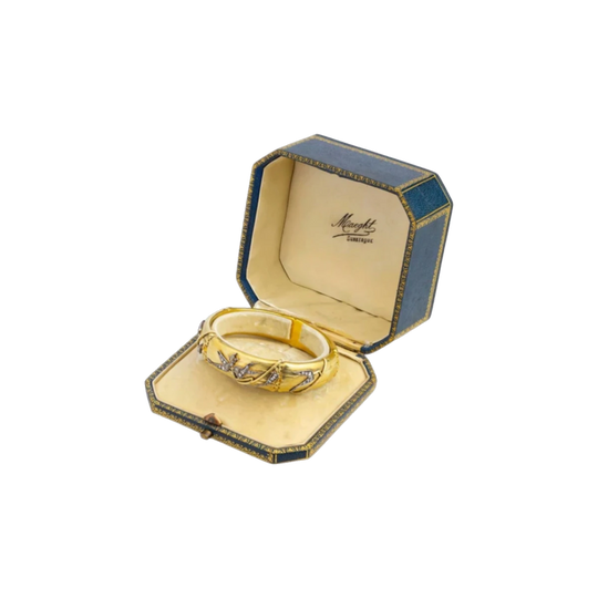 Late 19th-Century French 18 Karat Gold Bamboo Bangle with Silver Leaves and Rose-Cut Diamonds, Original Box