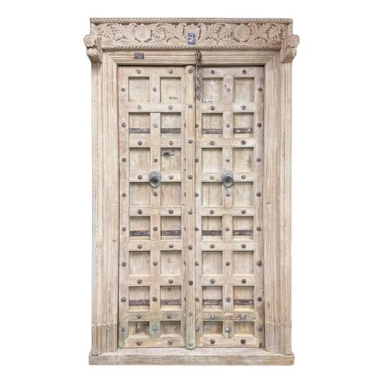 Hand-Carved Indian Wood Door with Floral Header, Natural Finish