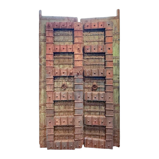 Studded Hand-Carved Indian Wood Door, Multicolour