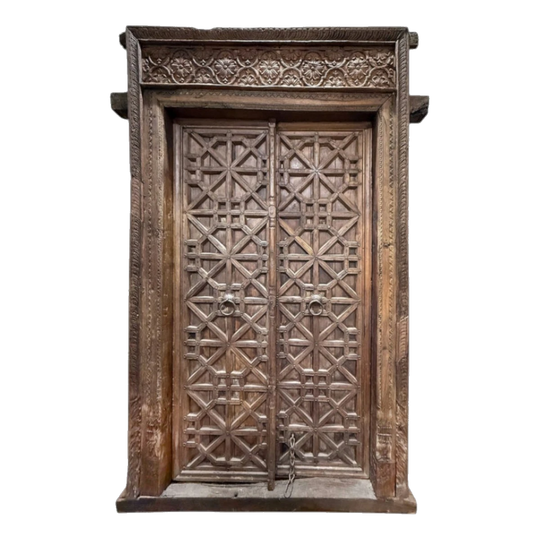 Dark Brown Carved Indian Teak Door