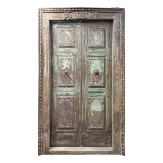 Vintage Rajasthan Wooden Door in Green, 300 cm H