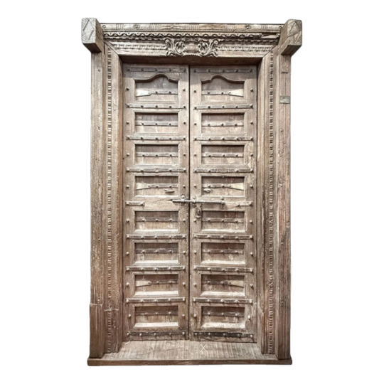 Antique Indian Wooden Door with Frame, Brown