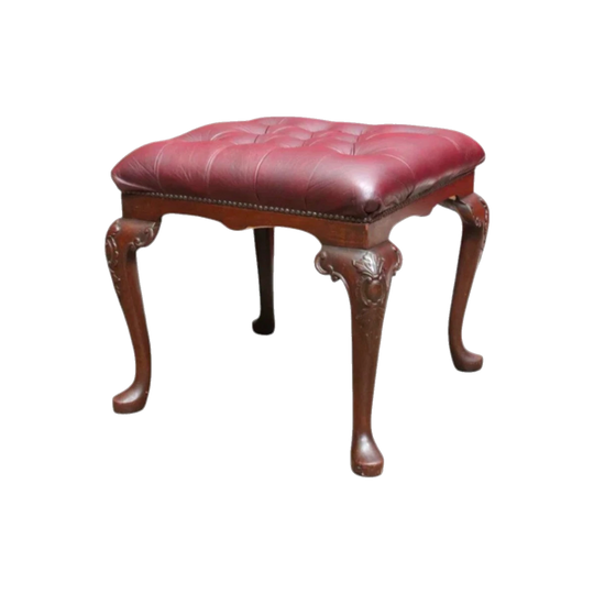 English Mahogany Bedroom Stool c1940 – Buttoned Burgundy Leather Seat, Carved Knees and Pad Feet
