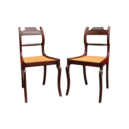 Pair of George IV English Mahogany Side Chairs with Cane Seats, Rope-Twist Backs and Sabre Legs, c. 1820