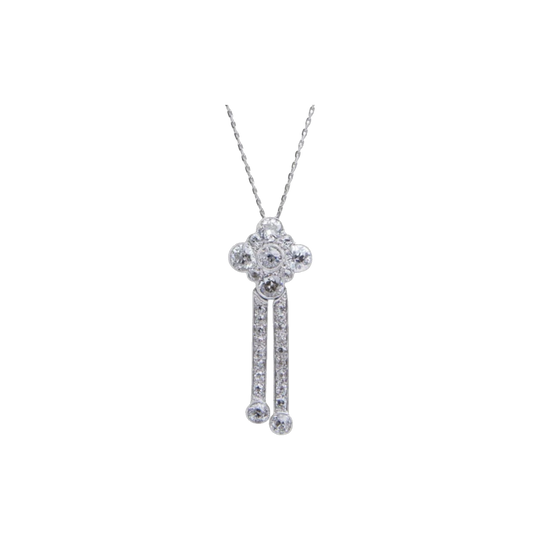 Art Deco 18 Karat White Gold Diamond Quatrefoil Pendant with Articulated Tassels, Old European & Old Mine Cuts, 2.29 Carat, Fixed Chain