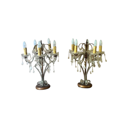 Pair of Vintage 6-Arm Beaded Candelabra Table Lamps with Faceted Glass Drops, Bronze-Tone Frames on Timber Bases