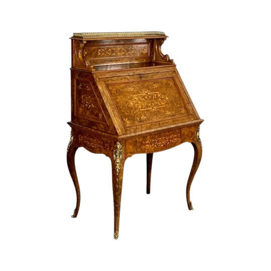 Antique English Victorian Bureau de Dame in Inlaid Walnut and Satinwood, Drop-Front, Louis XV Influence