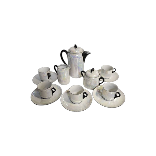 Antique Czech Pearl Porcelain 13-Piece Coffee Set, White Iridescent Lustre with Black Trims
