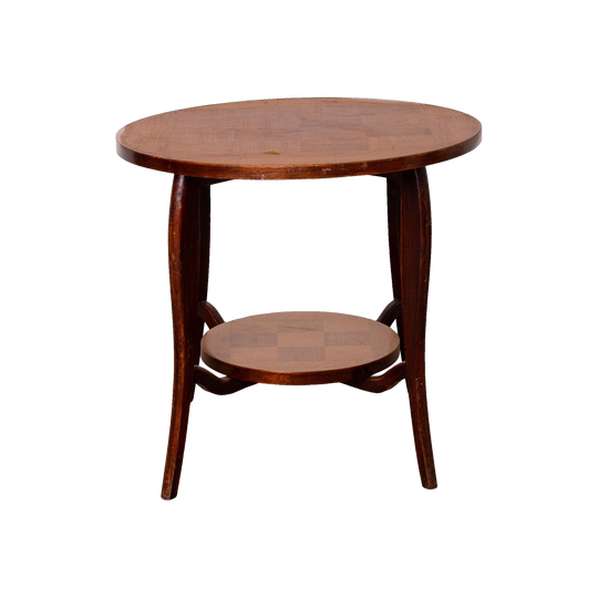 Vintage parquetry top side table with lower shelf from Annecy