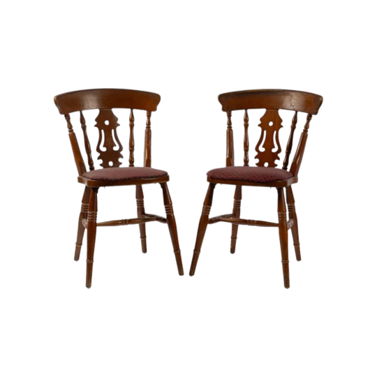 A pair of 19th Century vintage French alpine chalet chairs with red and grey fabric from Annecy