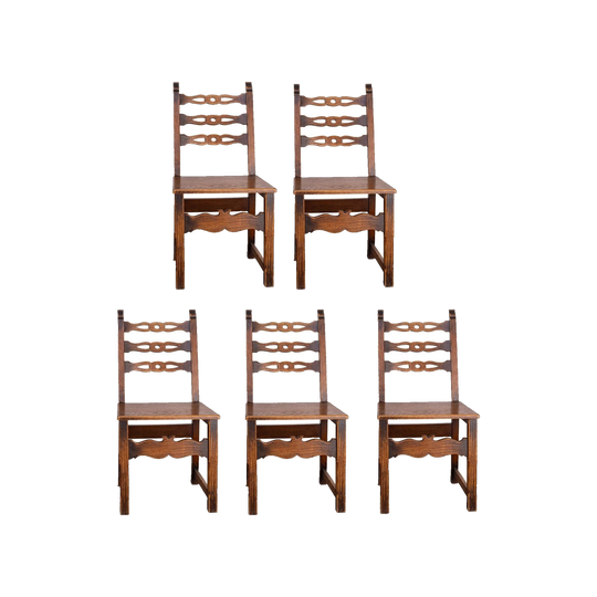 Set of 5 unique Antique French solid timber ladder back chairs from Paris