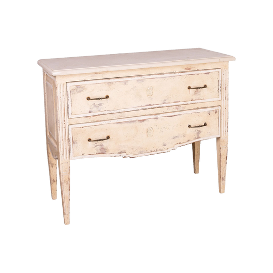 Vintage French two drawer commode from a 5* Hotel In Courchevel with a cream patina