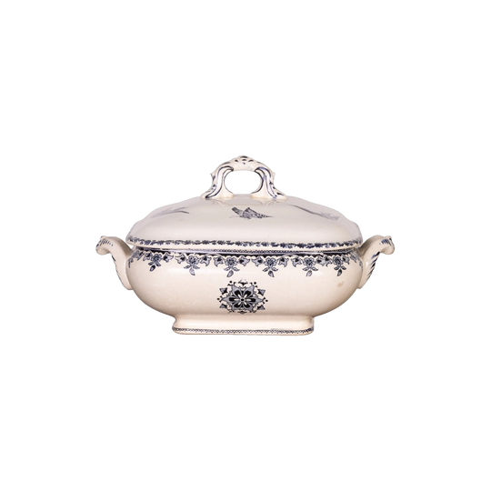 Antique French Blue and White square serving tureen with birds, butterflies and floral motifs