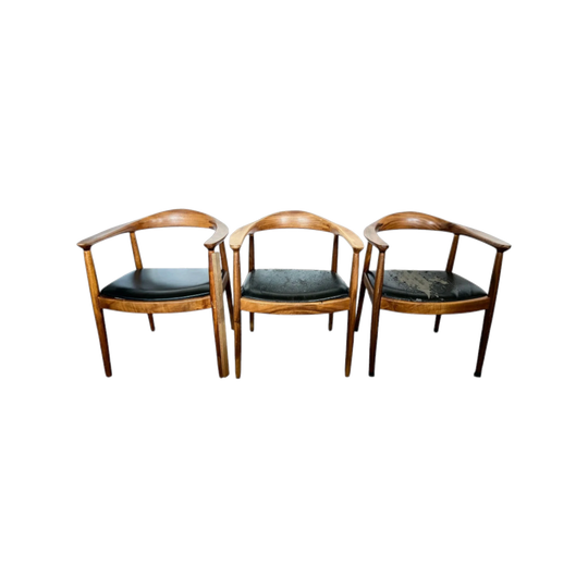 Set of 3 Vintage Kennedy Bucket Dining Chairs, Attributed to Hans Wegner — Walnut and Black — For Restoration